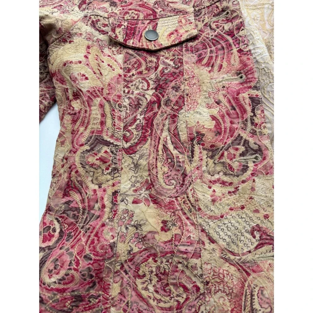 Analogy Petites‎ Paisley Print Denim Jacket Women's Size PS Red Beige Textured